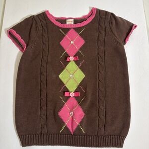 Vintage Gymboree Girl's Gem Bow Argyle Short Sleeve‎ Sweater Equestrian Size 5-6